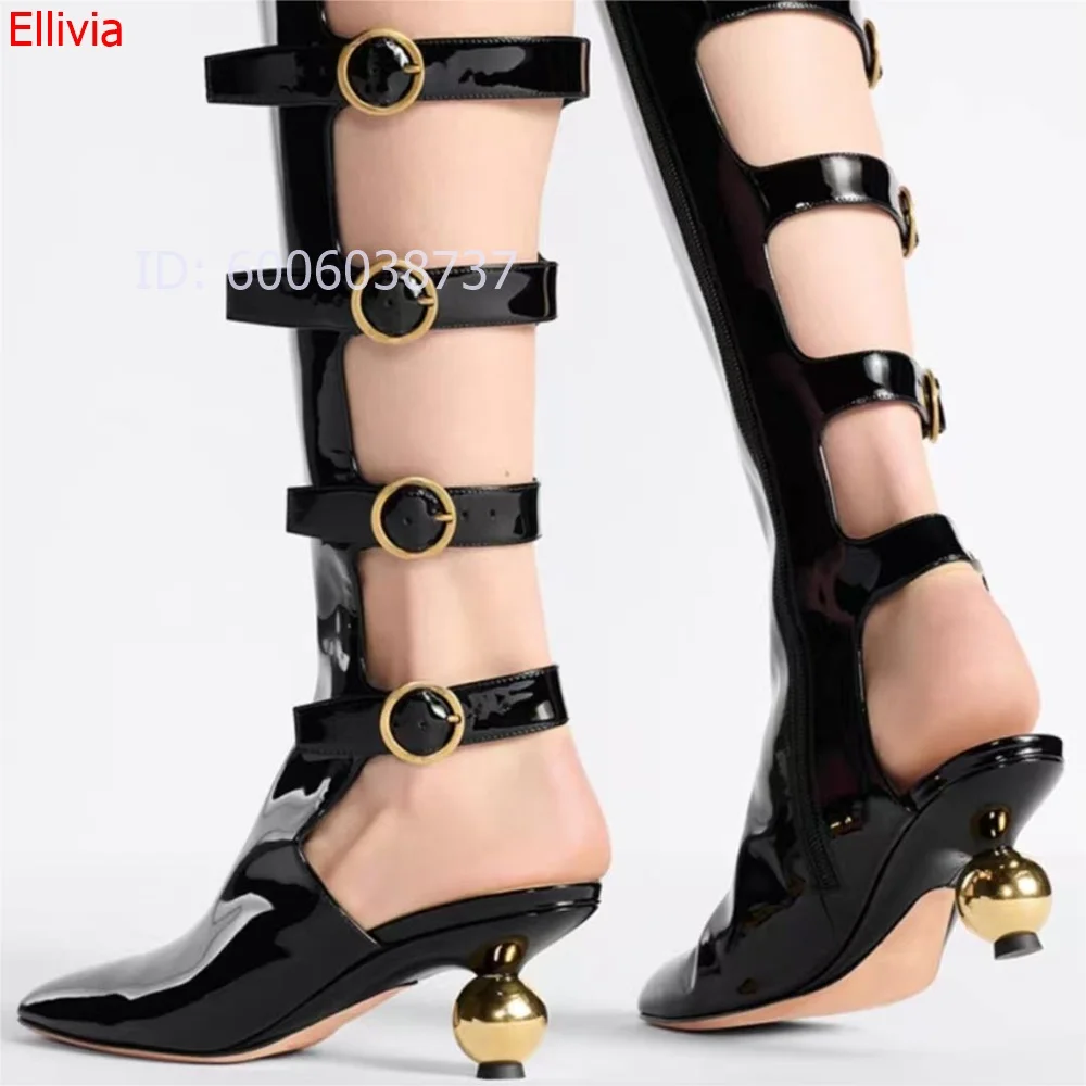Women Patent Leather Knee High Boots Pointed Toe Ball Shape Heel Cutout Multi Buckle Strap Boots For Dress Occasion Daily Wear