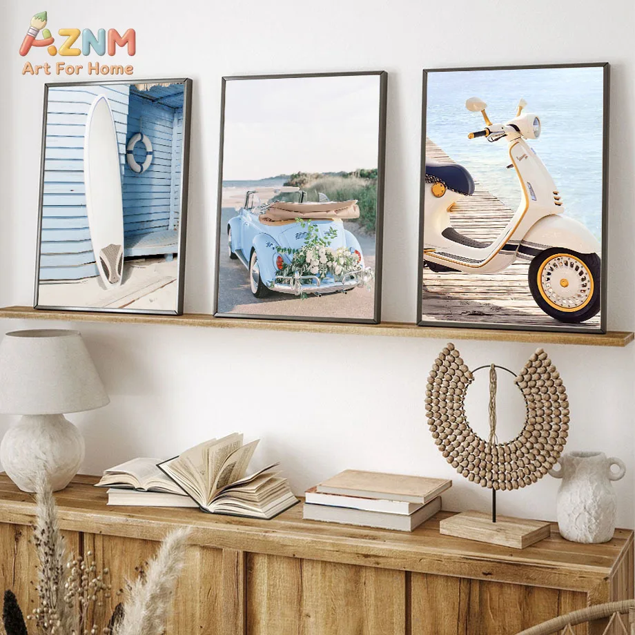 AZNM Coastal Beach Canvas Wall Art Surfboard Retro Blue Car White Scooter Seaside Scenery Print Unframed Canvas Painting for Liv
