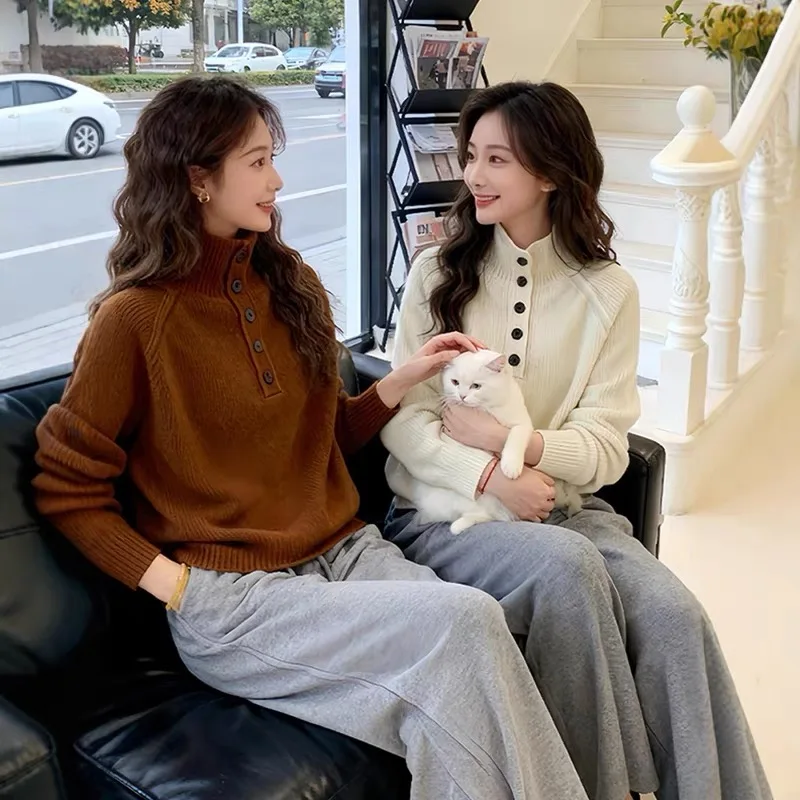 100% suéter de lana pura para mujer 2025 Otoño/Invierno nuevo jersey de punto de cuello alto moda coreana Top suelto suéter suave y cómodo