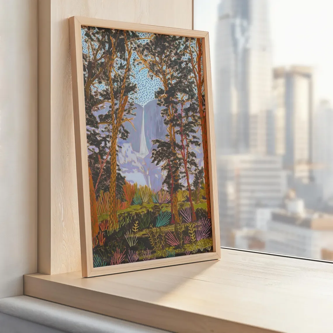 Vibrant Yosemite Waterfall Wall Print Decor - Bold Graphic Illustration of a Cascading Waterfall Framed by Lush Forest Trees and