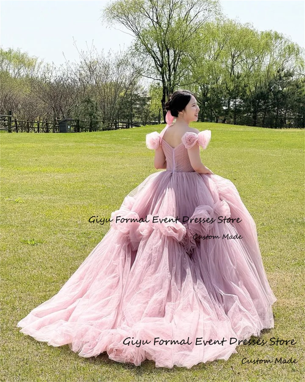 Giyu-Vestido de casamento coreano drapeada até o chão, flores rosa 3D, vestido de noite com faixa preta, Sessão Fotográfica, 2022