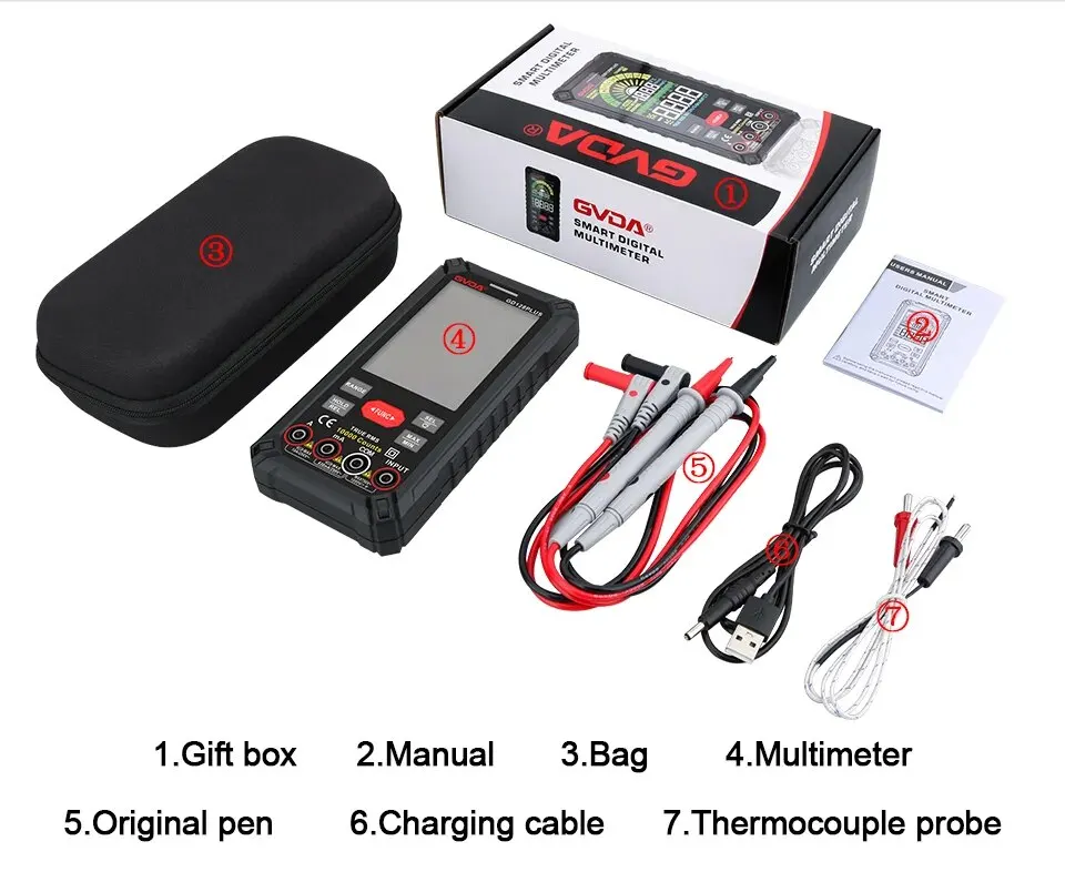 GVDA Smart Rechargeable Digital Multimeter True RMS 9999 Counts 1000V 10 ADC AC Voltage Current Multimetro Color LCD Multitester