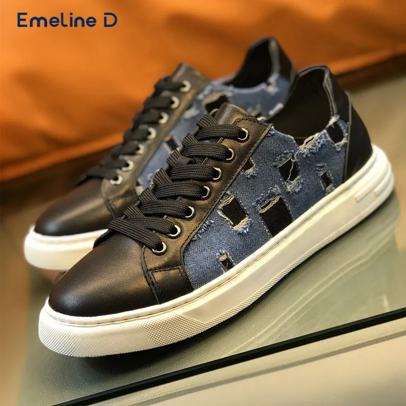 

Worn Denim Stitching Sneakers Black Leather Lace-Up Thick-Soled Casual Shoes Slip-On Fashionable Business Men's Shoes