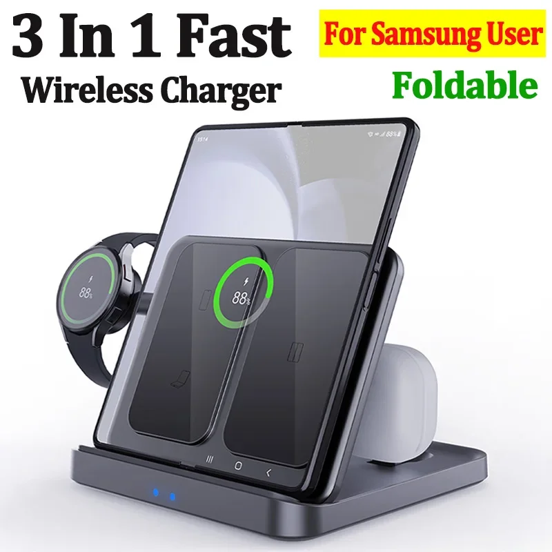 Foldable Wireless Charger Stand for Samsung Galaxy Z Fold 5 4 Flip 4 S23 S21 3 in 1 Fast Charging Station for Galaxy Watch Buds2