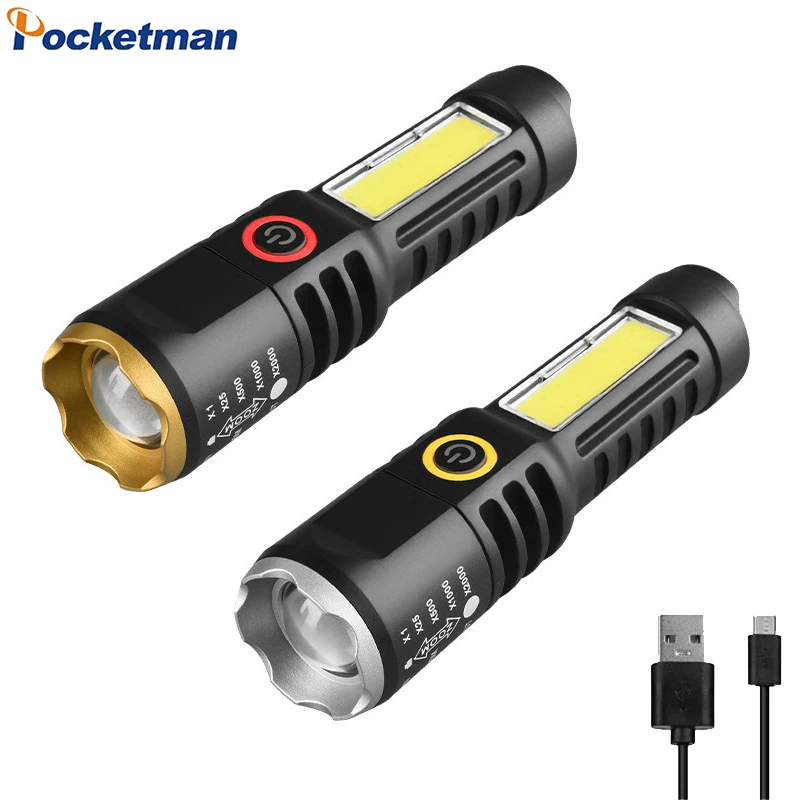 1 Pack Super Bright USB Fast Charging Flashlight with COB Side Lights Mini Portable LED Torch for Camping Hiking Fishing Patrol