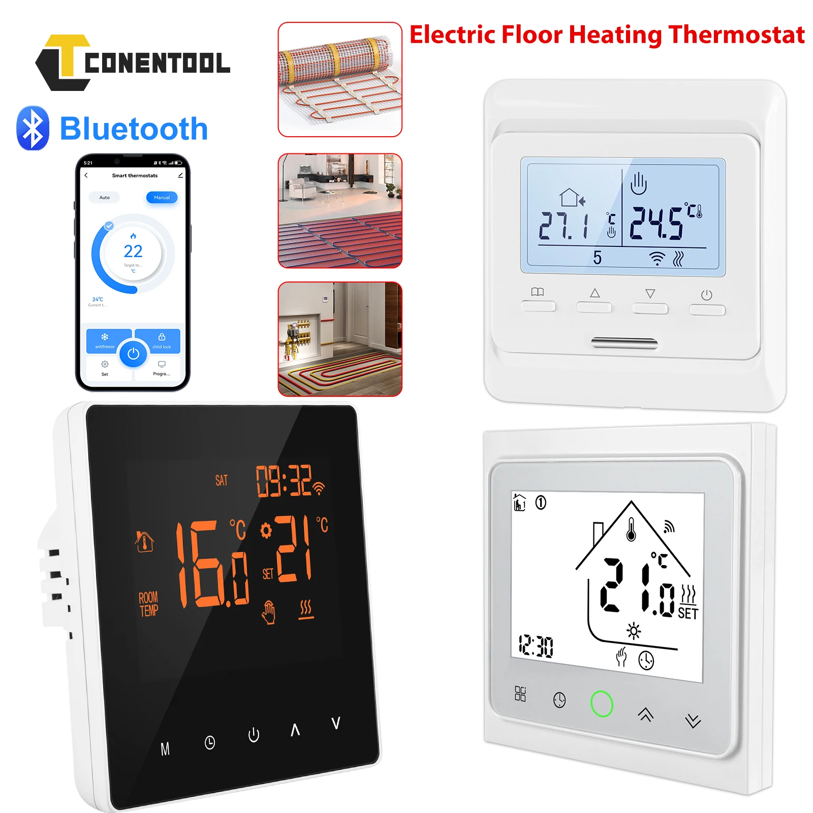 Termostat inteligentny WiFi CONENTOOL, regulator temperatury 16A do elektrycznego ogrzewania podłogowego z funkcją Google Home i Tuya