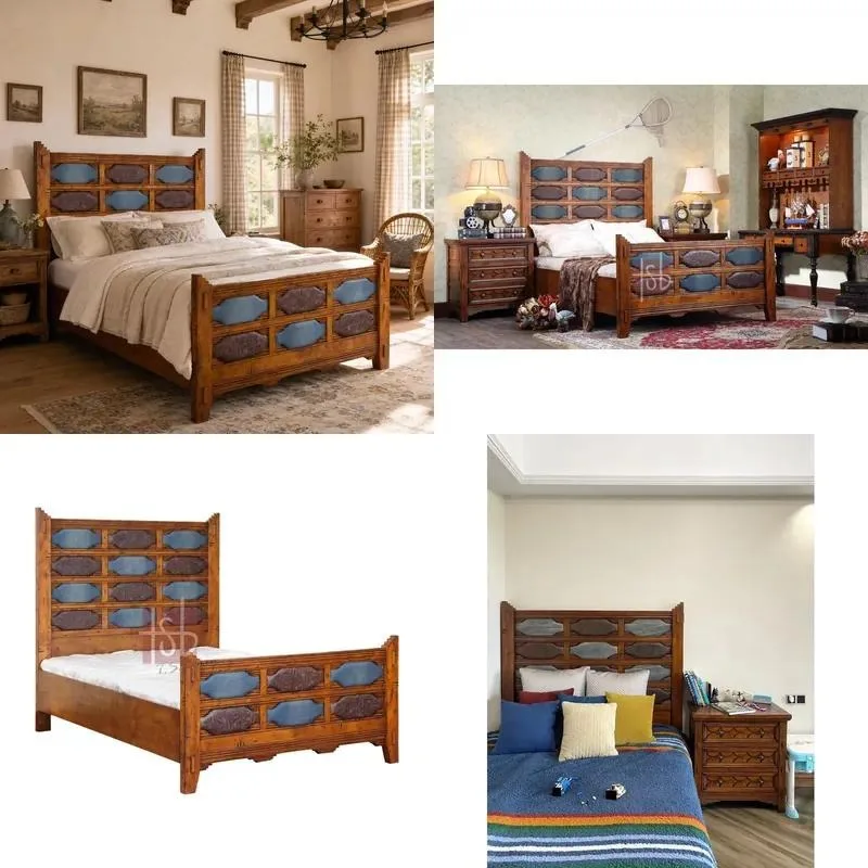 American vintage solid wood bed frame, blue fabric and embossed leather panels, faux old finish, high headboard