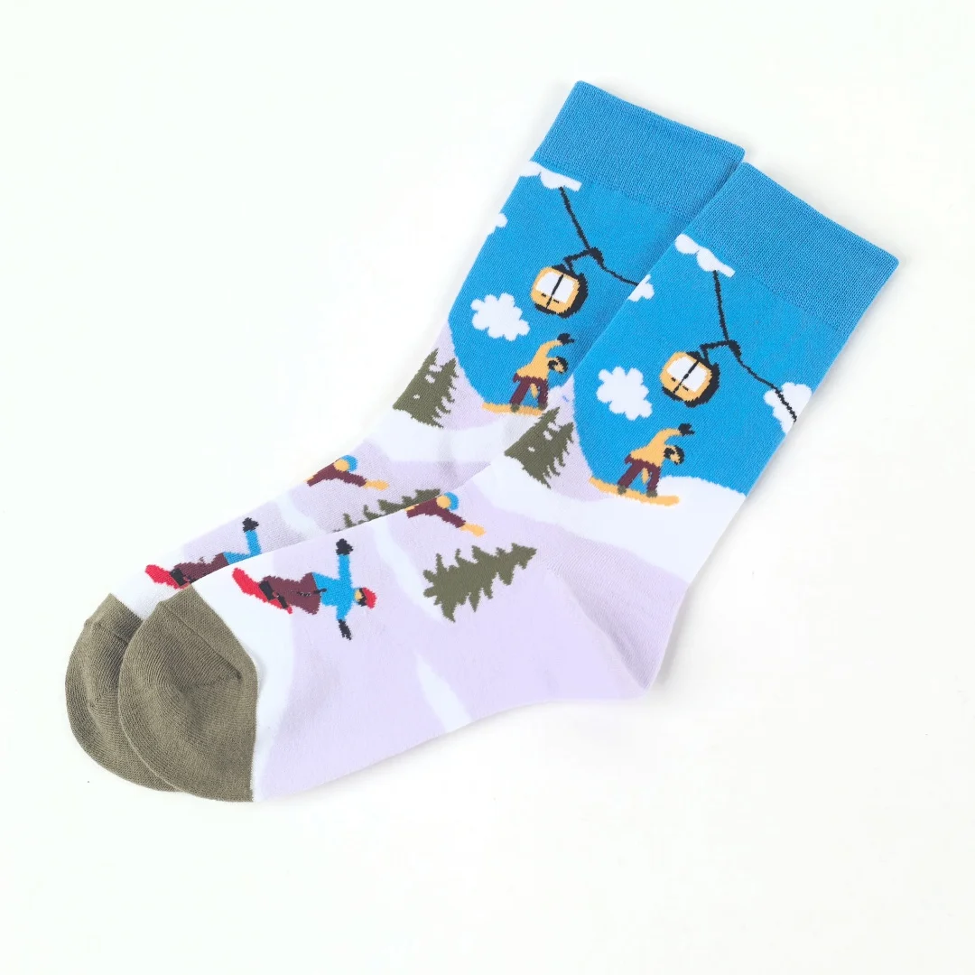 زوج واحد من الجوارب الشتوية منقوشة لمنتصف الساق للتزلج على شكل عالم الثلج، قماش متماسك، جوارب مريحة للجنسين