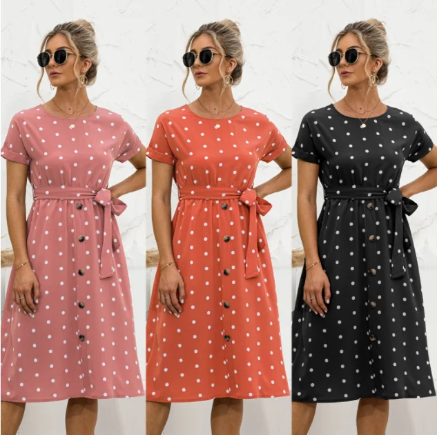 

Summer Women's Dresses Fashion O Neck Print Polka Dot Buttons Casual Loose Lace Up Woman Short Sleeve Dress 2023 Robe Femme