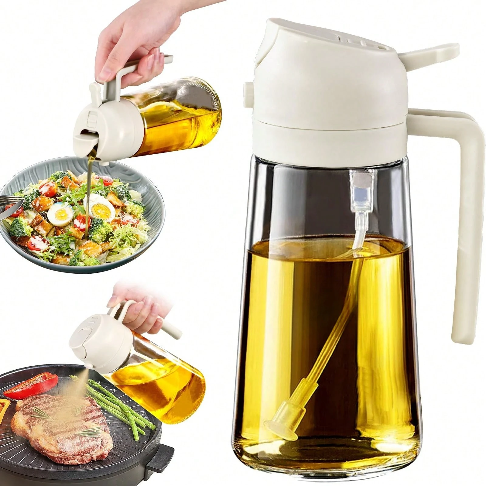 16oz/470ml Glass Olive Oil Sprayer for Cooking with Stickers, 2 in 1 Oil Dispenser for Kitchen Gadgets, Food Grade Premium Spray Bottle with Portion Control for Salad, Frying, BBQ (Black)