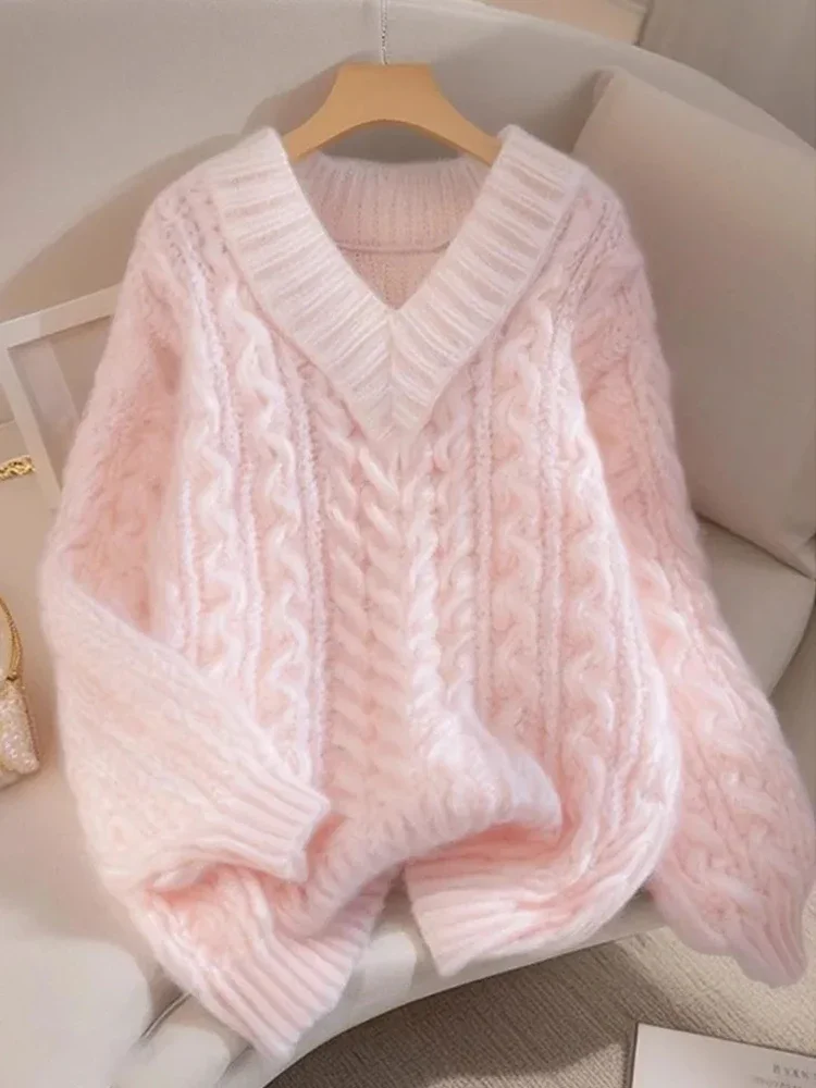 Jmprs Elegant Pink Sweaters Women Sweet Preppy Style Loose Knitted Jumpers Lazy Wind Long Sleeve Female V Neck Kawaii Soft Tops