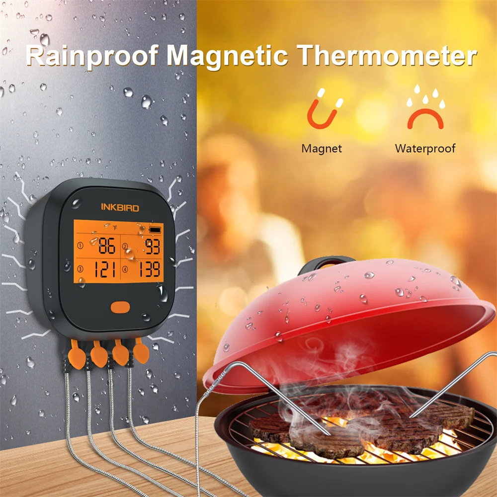 INKBIRD Wi-Fi Meat Thermometer IBBQ-4T Rainproof Magnetic Alarm Thermometer for Grilling with 4 Probes for Indoor&Outdoor, BBQ