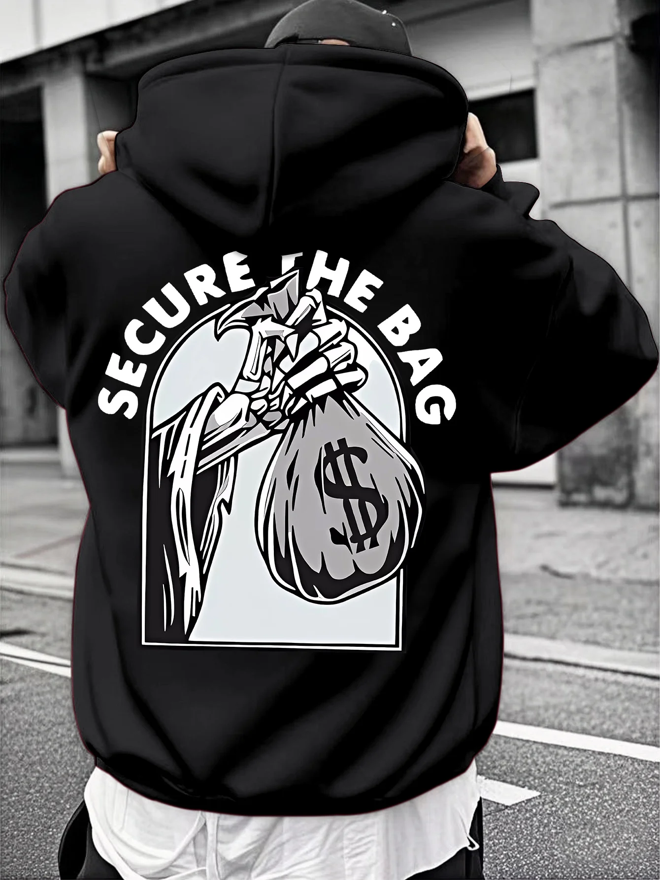 Money-themed printed men's hoodie, street style, autumn and winter warm pullover, machine washable casual sweatshirt