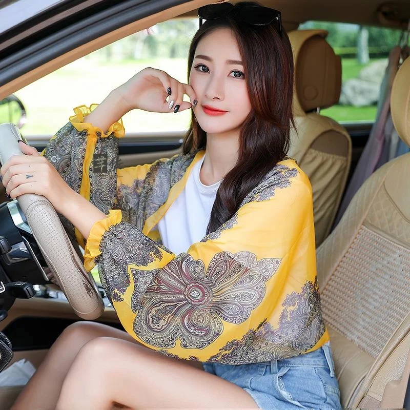 Sun Protection Ice Silk Long Sleeve Cardigan Shawl Lightweight Summer Driving Sleeve Cover Plant Floral Patterned Shawl