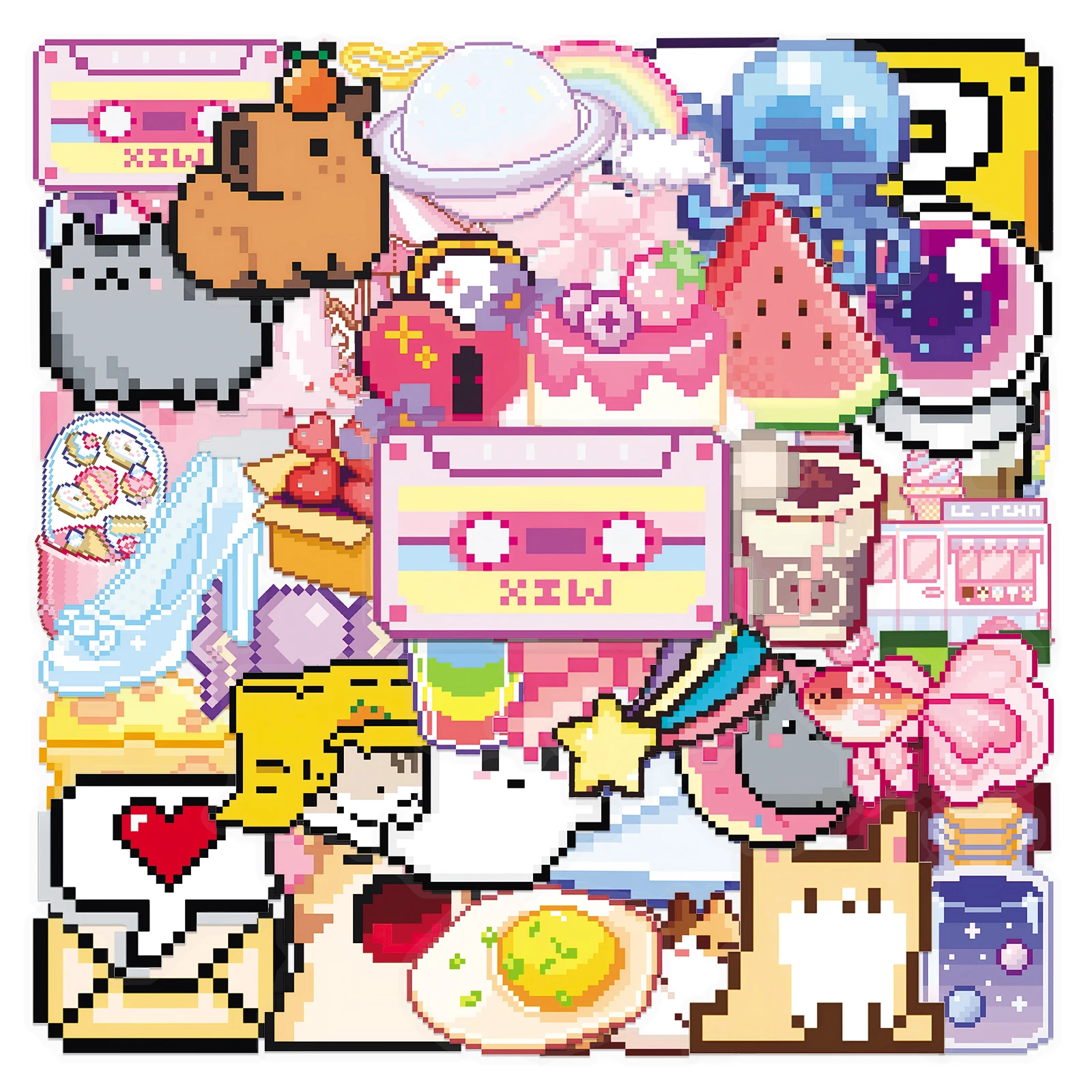 50Pcs Cute Cartoon Pixel Art Waterproof Sticker Skateboarding Retro Home Decal Sticker
