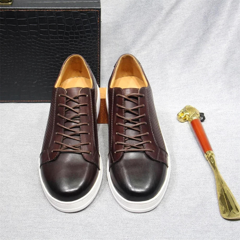 Men\'s European Style Genuine Leather Casual Shoes Black Blue Brown Lace-Up Flat Sneakers Designer Boat Shoes for Big Sizes