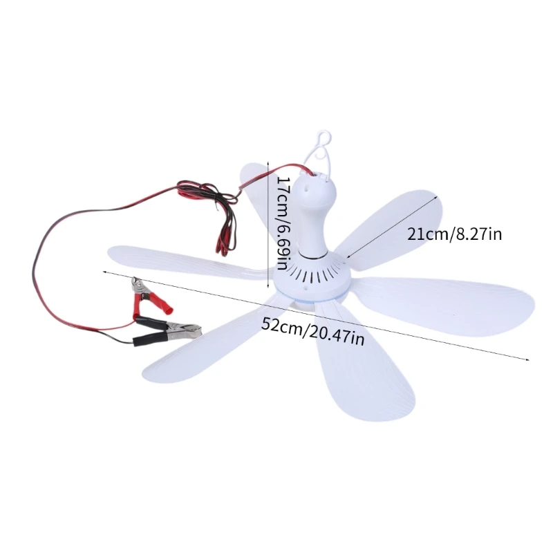 12V Portable Ceiling Fan 20inch Mini Hanging Ceiling Fan 6 Leaves Outdoor Hanging Camping Tent Fan Gazebos Ceiling Fan