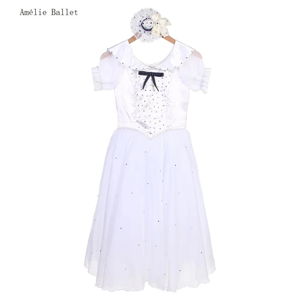 B24016 Short Sleeves White Professional Ballet Tutu Girls & Women Performance Costumes Romantic Long Ballet Tutu with Headwear