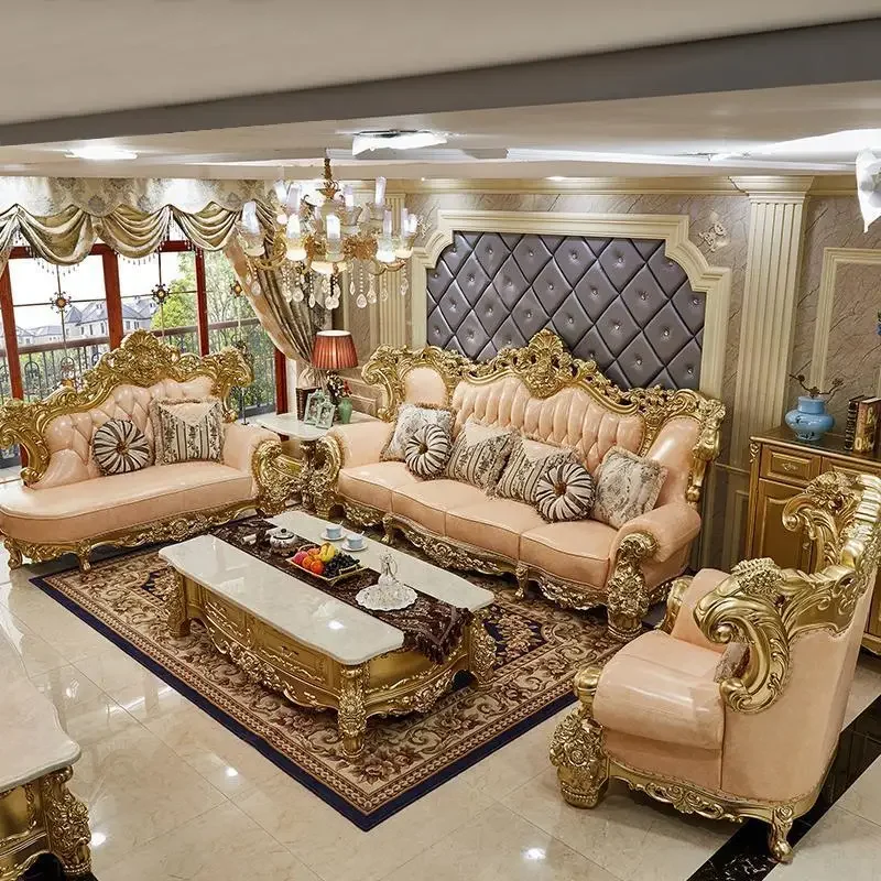 European leather sofa full solid wood carving flower first layer cowhide 123 large living room combination furniture champagne
