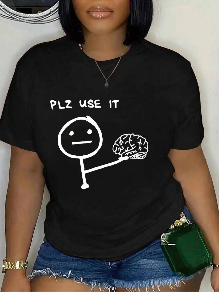 Plus Size Women s Cartoon Print Short Sleeve T-Shirt With Slogan, Round Neck PLZ USE IT Women Graphic Tee Top For Summer