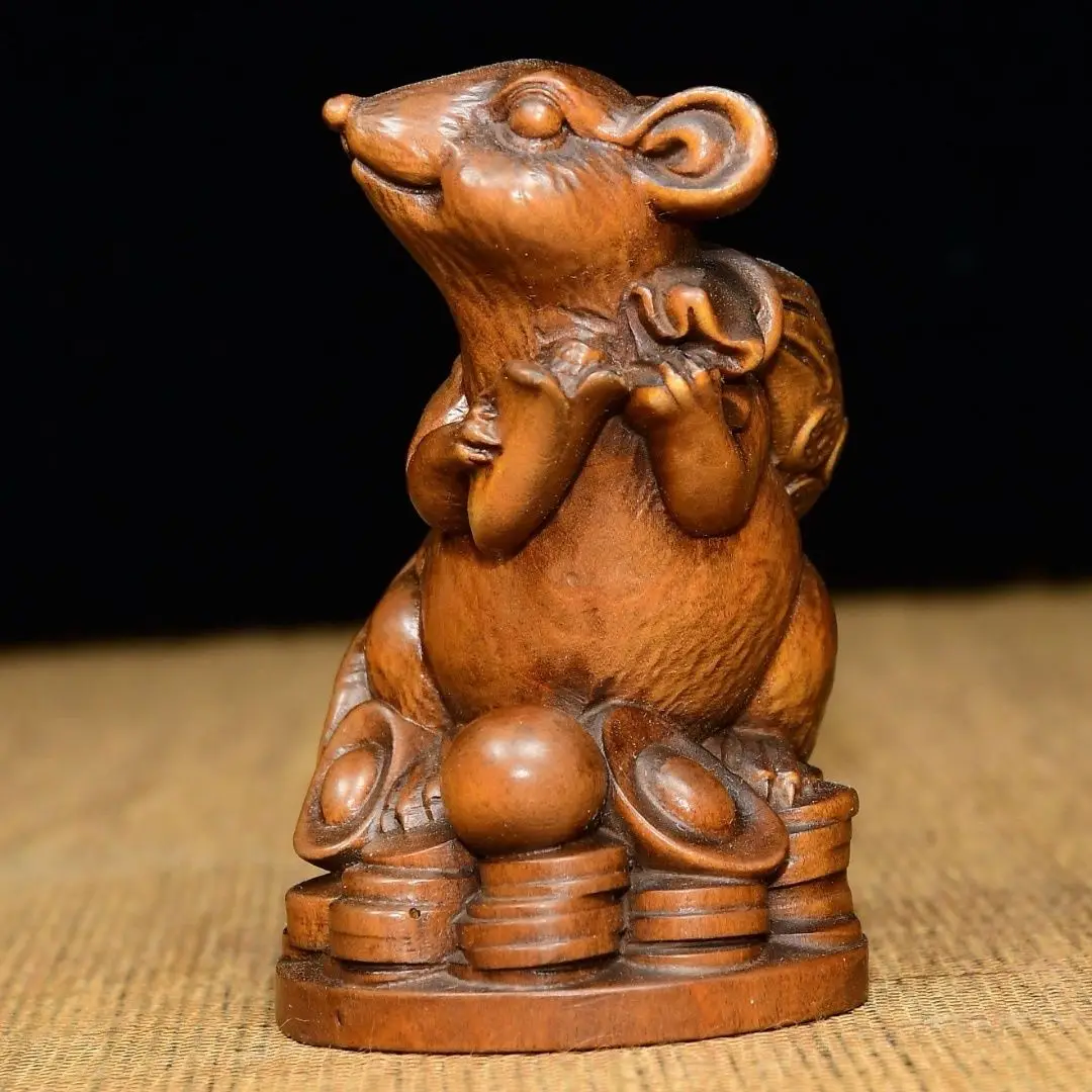 Hand Carved Wood wealth yuanbao rat Statue Figurine Desktop Ornaments Home Decoration Crafts Tea Pet Decor