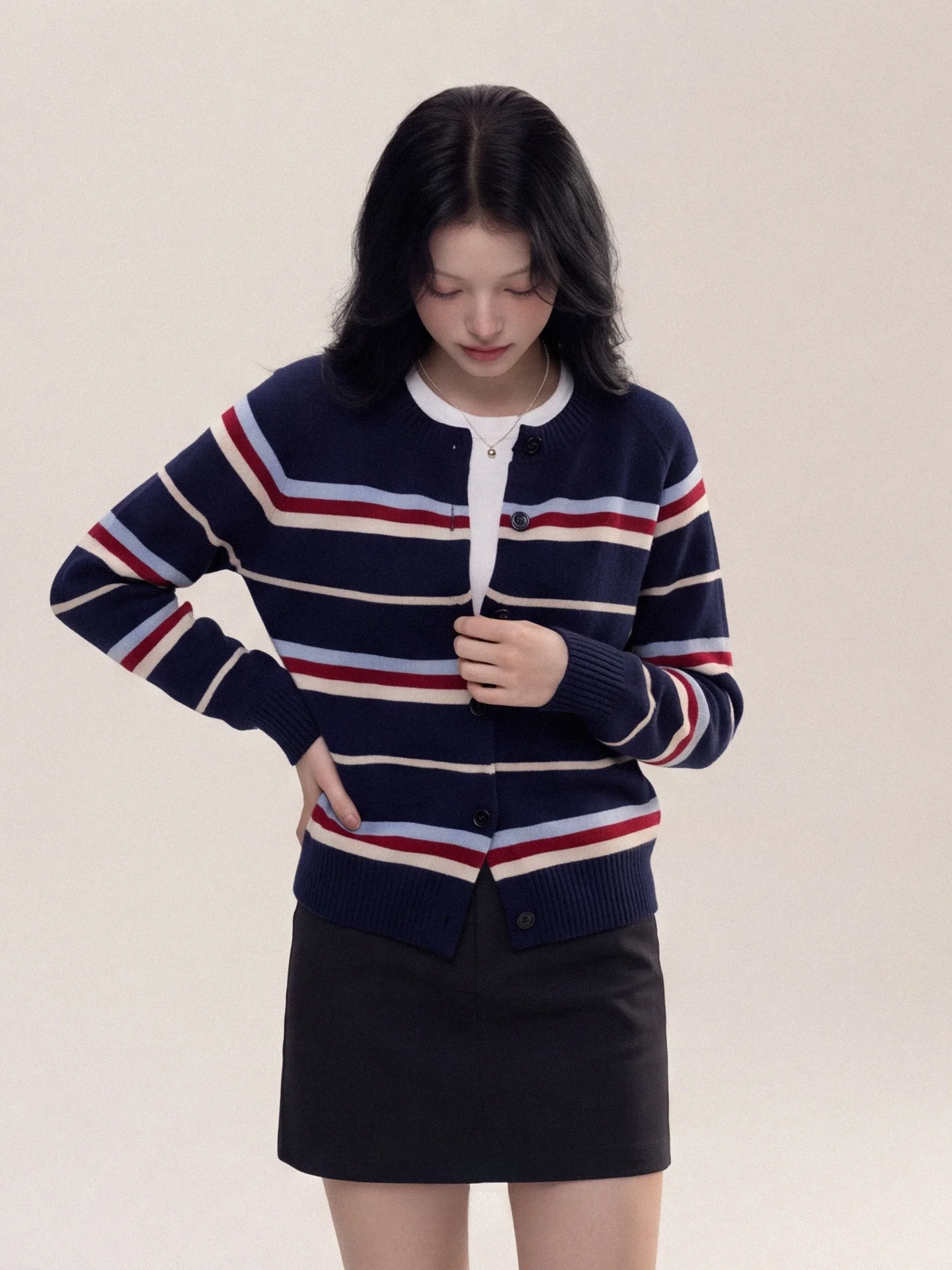 Autumnal Loose Korean Style Striped Knitted Open Cardigan Women's Vintage round Neck Outerwear Long Sleeve Sweater Versatile