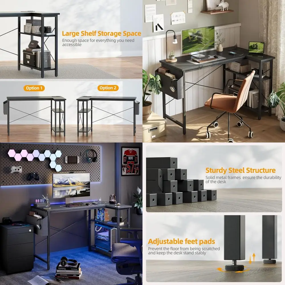 

Компактный L-образный игровой стол с розетками, двусторонними полками, 40-черный стол для домашнего офиса и учебы