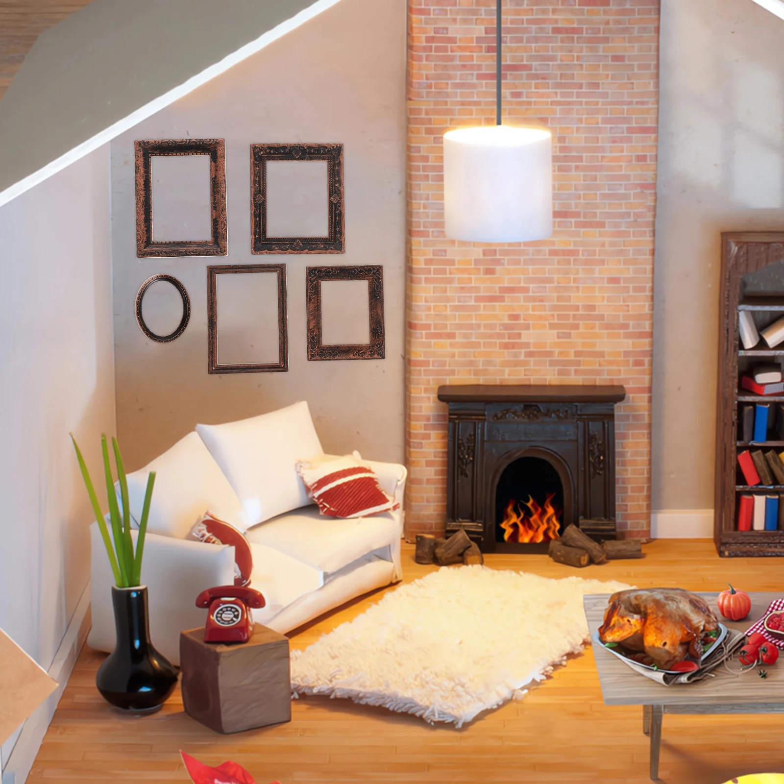 5 Pezzi Miniature di Cornici per Dipinti a Olio in Stile Retrò, Bronzo, Scala 1:12, Accessori per Casa delle Bambole, Piccole Cornici Decorative per Interni