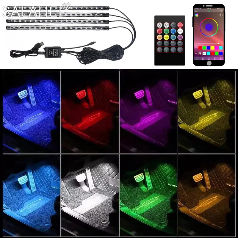 Neon Car Interior Led Lights 48 LED Ambient Foot Light with USB Wireless Remote Music App Control Auto RGB Atmosphere Lamps