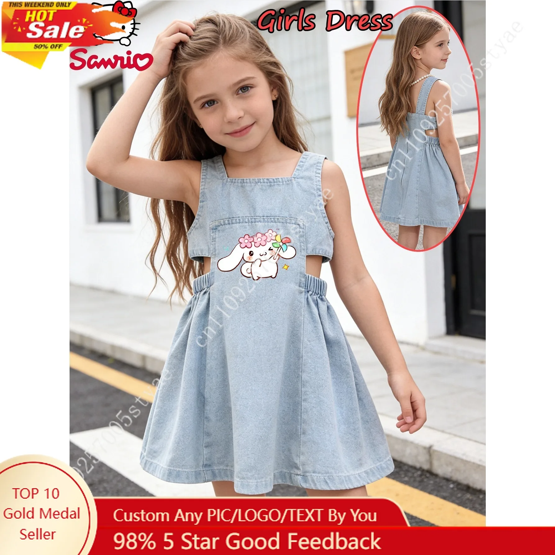 Sanrio Cinnamoroll Girls Sweet Faux Denim Dress Light Blue Sleeveless Square Neck Cutout Waist A-Line Sundress Cute Kawaii