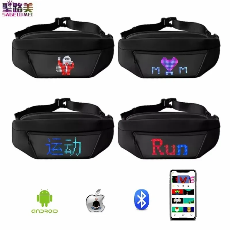 Bluetooth APP Smart Pixel RGB Full Color LED Display Advertising Backpack Portable Dynamic DIY Word Stylish Sports LED Waist Bag