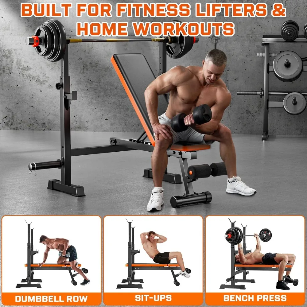 مقعد الوزن، مكبس مقعد 770 رطل مع رف القرفصاء، مقاعد وزن قابلة للتعديل لصالة الألعاب الرياضية المنزلية، مقعد تمرين بتصميم مبتكر