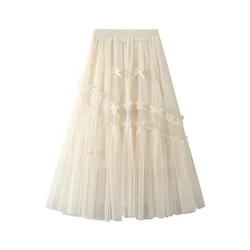 Women Gentle Bow Tulle Splicing Together Skirt with Big Swing Sweet Elastic Waist Mesh A-line Skirt Versatile Mid Length Style