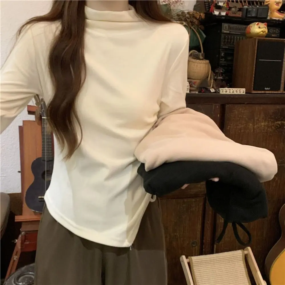 Half High Collar Long Sleeve T-shirt Irregular Undershirt Slim Drawstring Pullover Bottoming Shirt Simple Crop Top Women Y2k