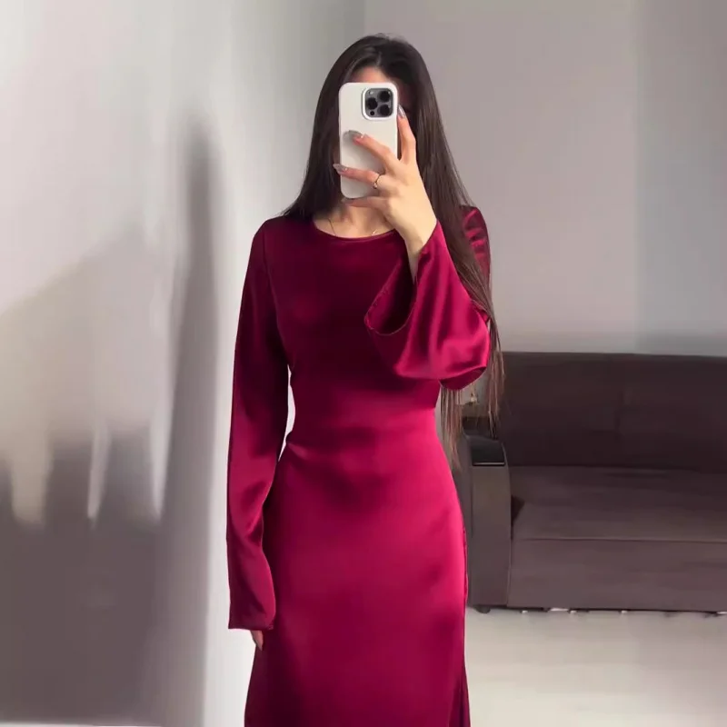 ربيع 2025 النمط الأوروبي والأمريكي الخصر مقصوص التخسيس التعادل بلون طويل الأكمام فستان طويل فستان أنيق #2