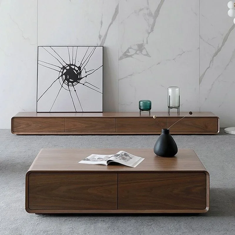 All solid wood TV cabinet antique style Nordic style walnut color small apartment living room narrow