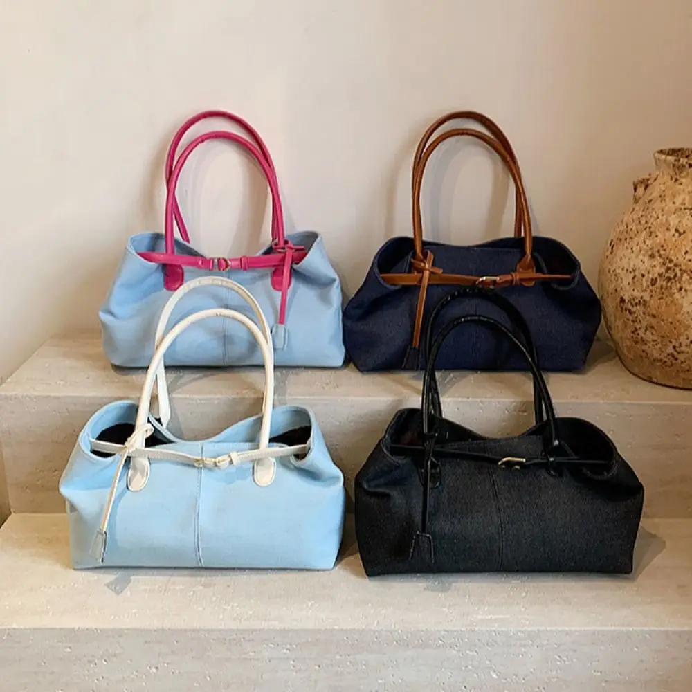 

Simple Hasp Closure Denim Shoulder Bag Elegant Patchwork Color Vintage Armpit Bag Chic PU Casual Tote Bag Women