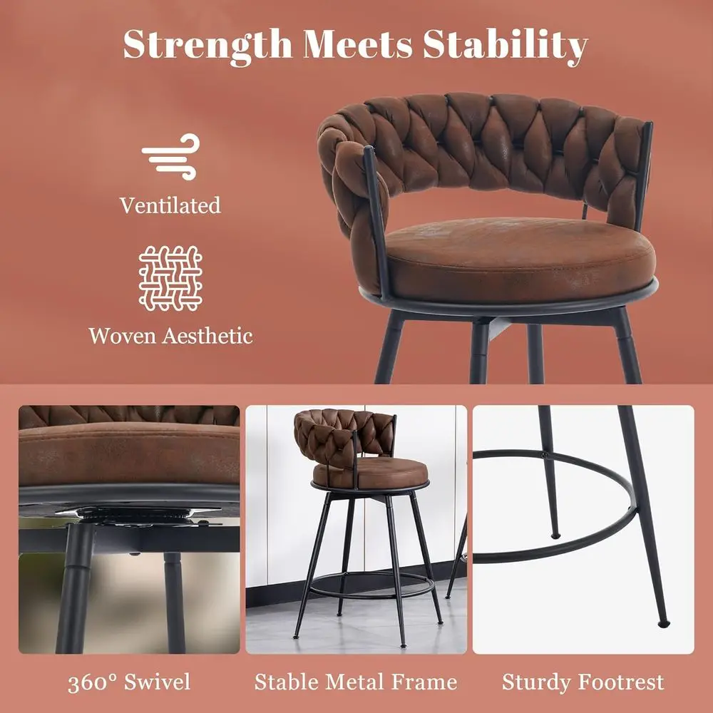เก้าอี้บาร์หมุนได้ 3 ชิ้น 24 นิ้ว พร้อมพนักพิงทอและเบาะหนังกลับ โครงโลหะและที่วางเท้า เหมาะสำหรับห้องครัว I
