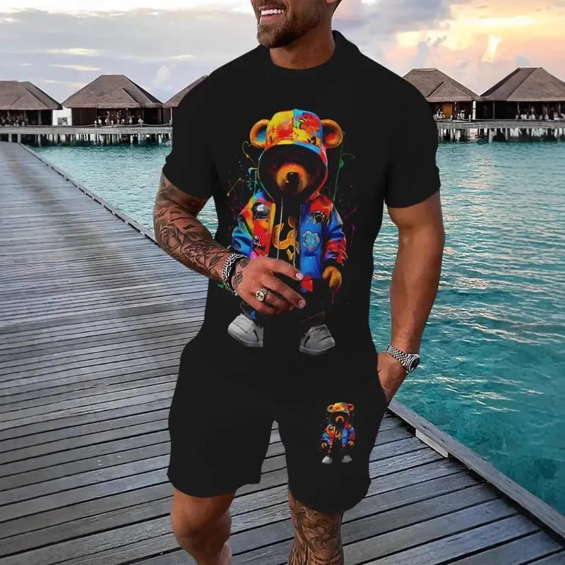 Summer Casual Men Fashion Short Sleeve Graphic T-shirt Loose Stretch Breathable Pullover High Street Trend Printed Men's Suit