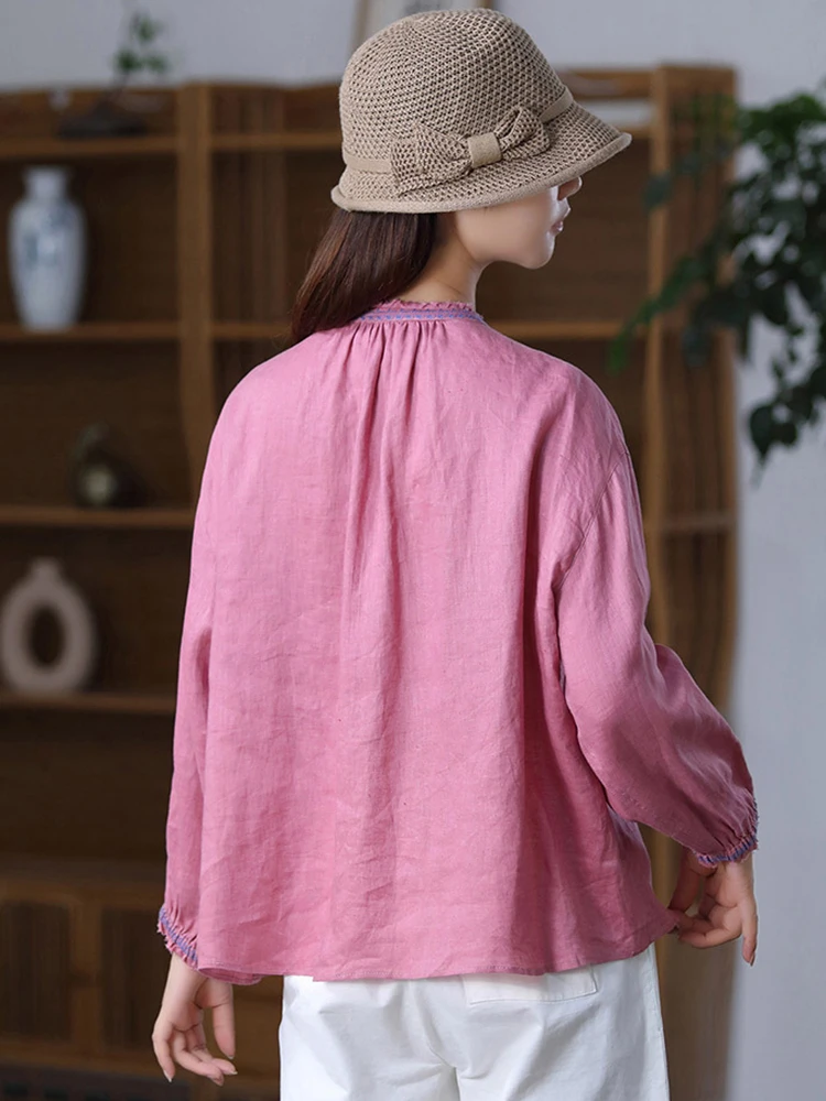 100% lin femmes à manches longues chemise décontractée nouveauté 2025 automne Style Vintage couleur unie ample femmes hauts chemises M1902