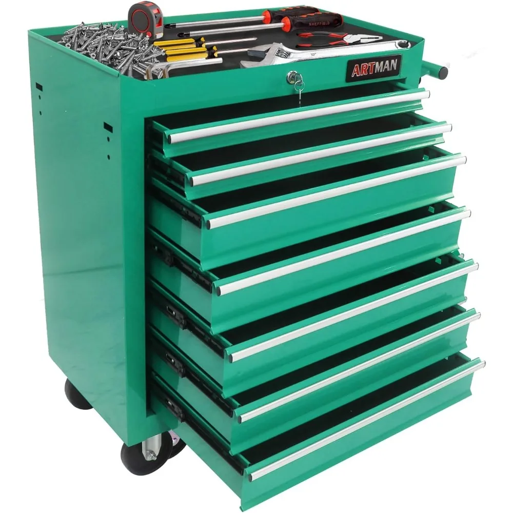 Tool Chest with 7 Drawers, Sturdy Multifunctional Mechanic Tool Storage Cabinet with Lockable Wheels Keys Portable