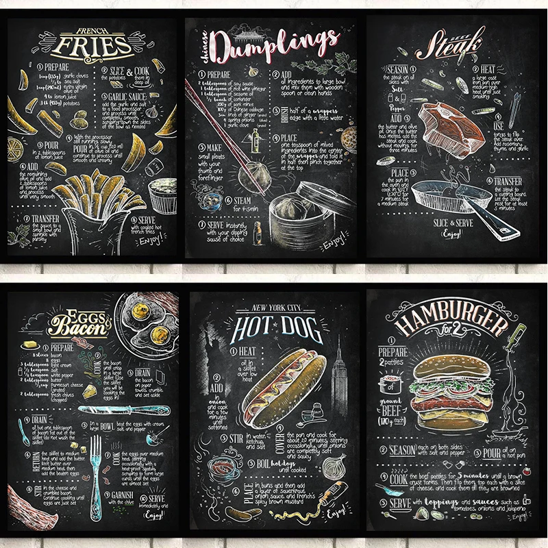 Classic Foodie Cuisine Cooking Recipe Poster Spaghetti Beef Steak Pancakes Canvas Painting Wall Print Picture Kitchen Room Decor