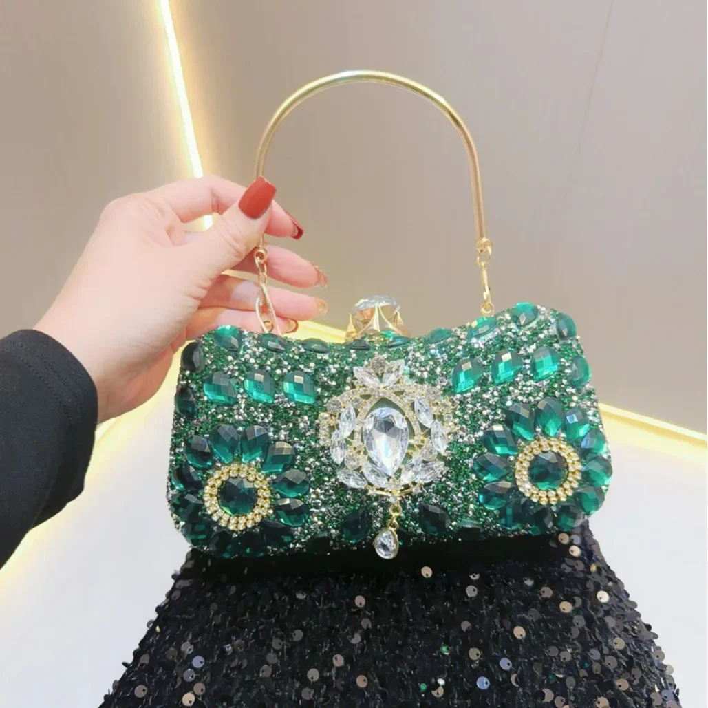 

Luxury Ladies Dinner Evening Bag Fine Gold Silver Green Diamond Flower Small Clutches Metal Handle Handbags For Women Prom Party