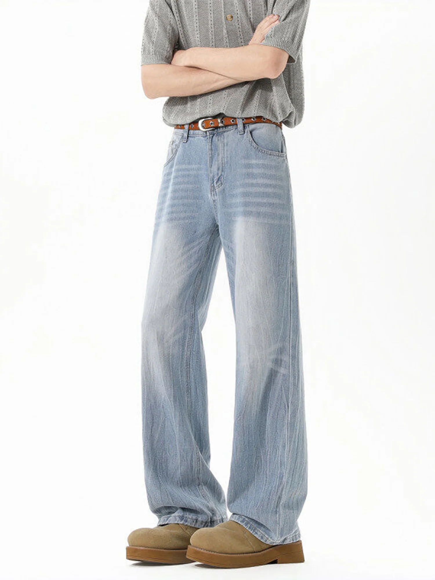 

Lightning Pattern Loose Straight Leg Jeans Men's Retro American CleanFit Summer Wide Leg Pants Youth Trend Wear Resistant