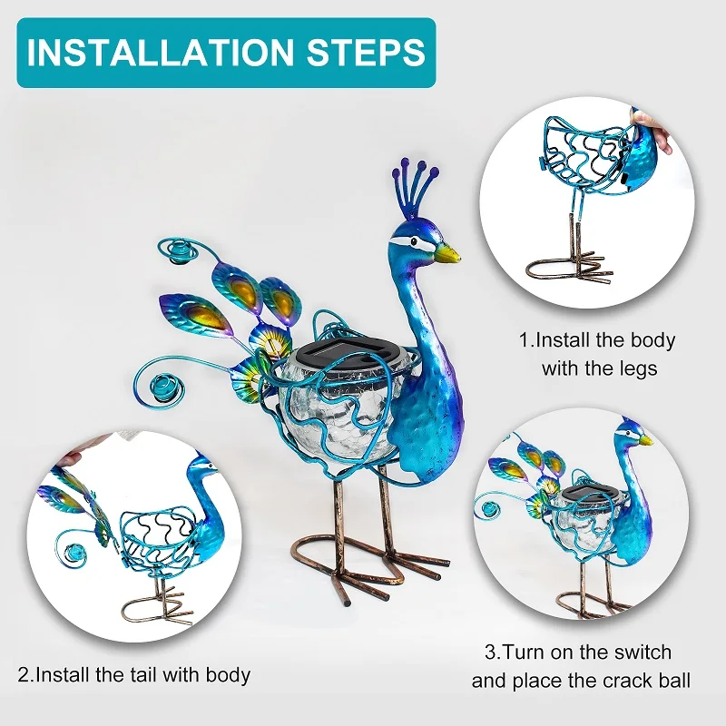 Solar Peacock Statue Light Solar Animal LED Lights Outdoor Solar Power Figurine Waterproof Metal Peacock Yard Art for Pathway