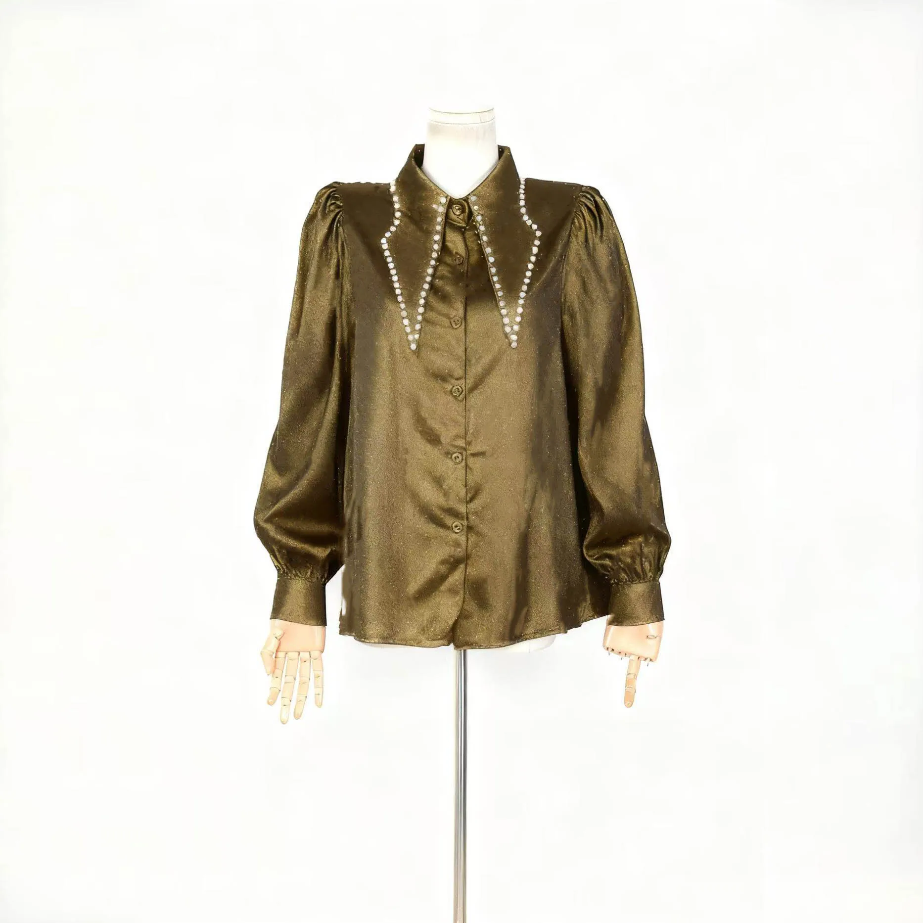 Hot 2025 Spring Women's Black Polka Dot Blouse with Pearl Embellished Collar Puff Sleeve Button Down Elegant Casual Shirt