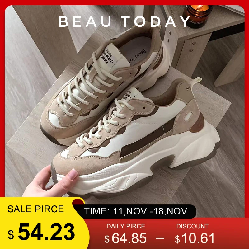 BeauToday Platform Sneakers Women Suede Leather Patchwork Fabric Round Toe Mixed Color Lace-Up Chunky Sole Ladies Trainers 29430