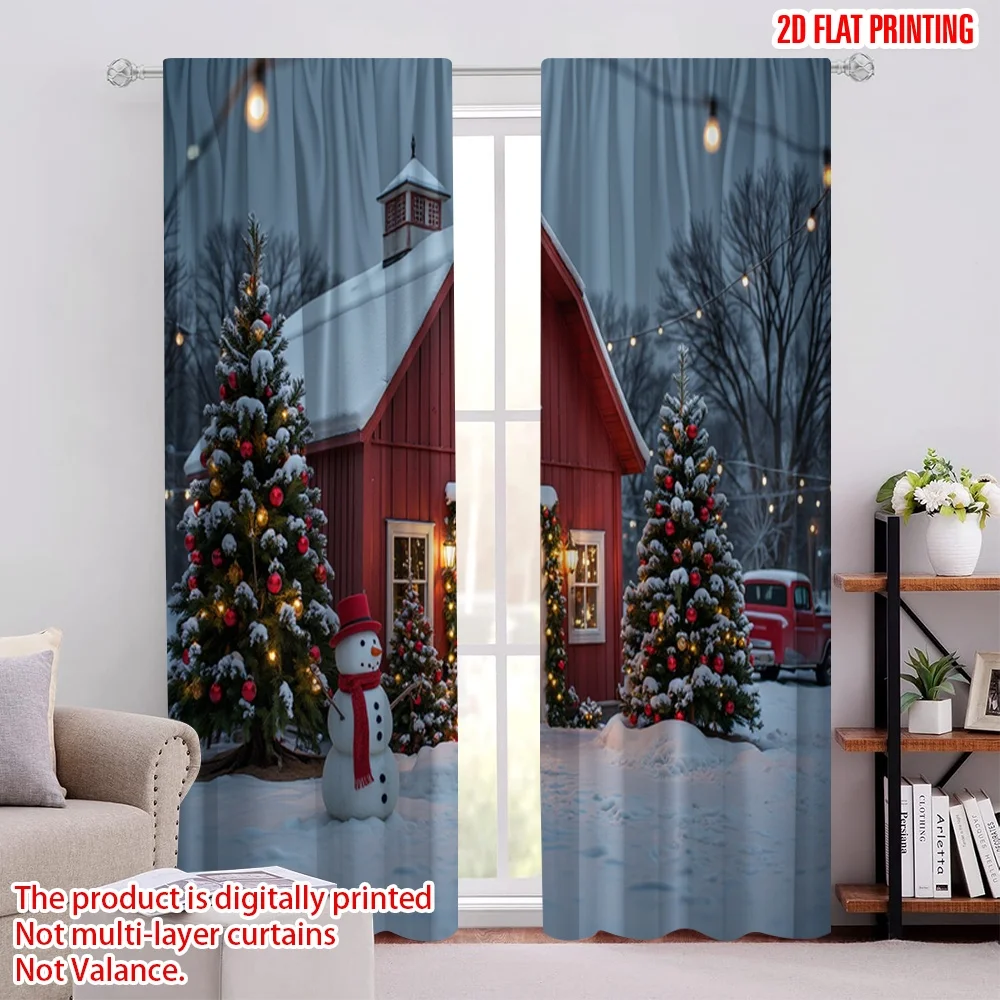 

2pcs 2D flat printing Christmas Scene Curtain Winter scene Fabric Without Electricity Family Party Use for Classroom Office