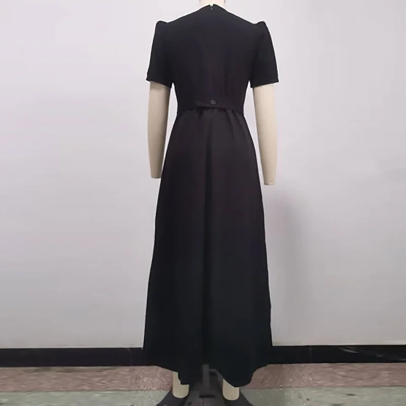 エレガントな O ネックカラーブロックロングドレス女性カジュアルバブルスリーブスリムフィットパーティードレスファッションハイトウエスト固体通勤ドレス