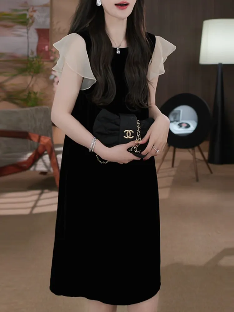 Elegant Mesh Splice Slimming Black Dress Summer New Arrival Women's Fashion Casual High Waist A-Line Short Sleeve Dress